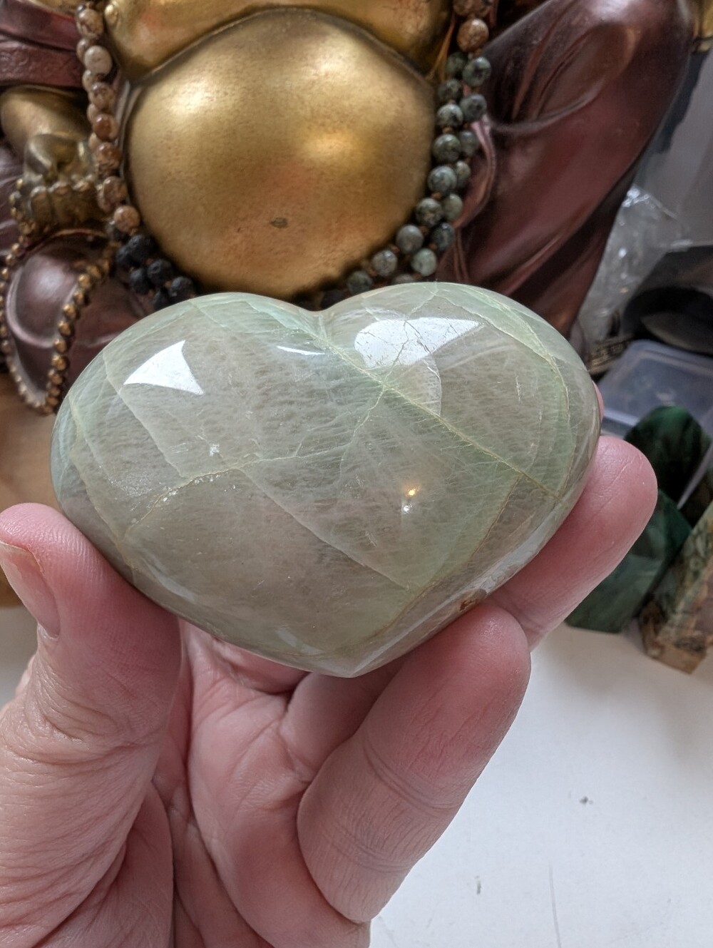 Rare Green Moonstone Polished Heart Shaped Stone